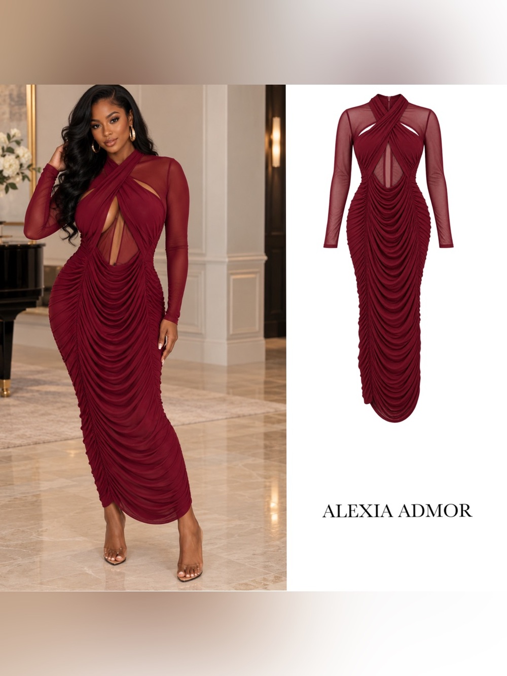 NEW Alexia Admor Burgundy Ruched Mesh Long-Sleeve Evening Dress